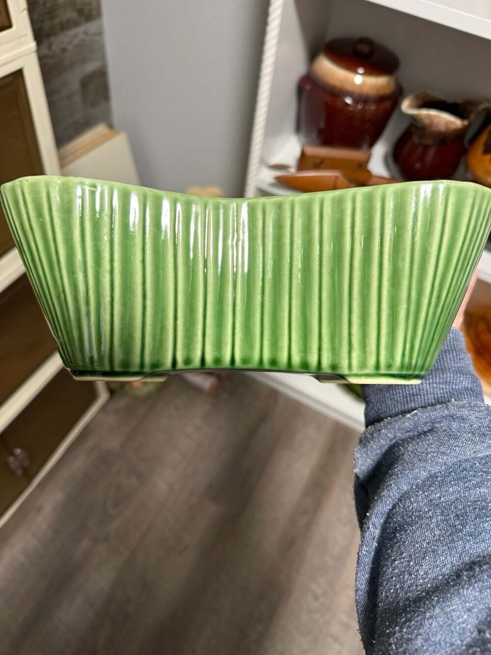 Vintage USA Pottery Green Ribbed Planter